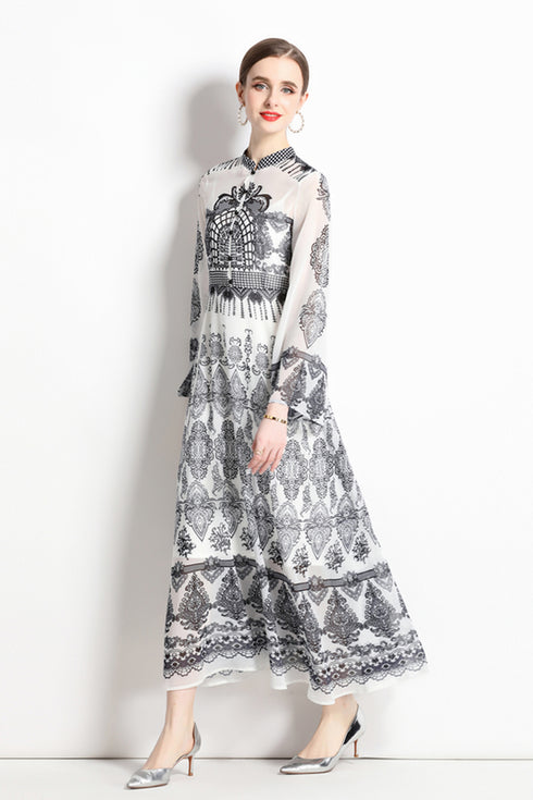 Vintage Ethnic Black Paisley Pattern, Stand-Up Collar, Long Flare Sleeve Dress